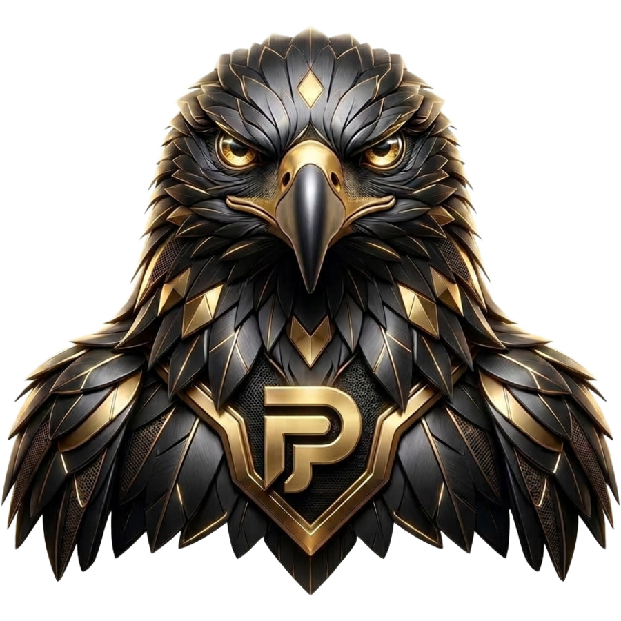 Mascote águia oficial PLATA PLAY em preto e dourado